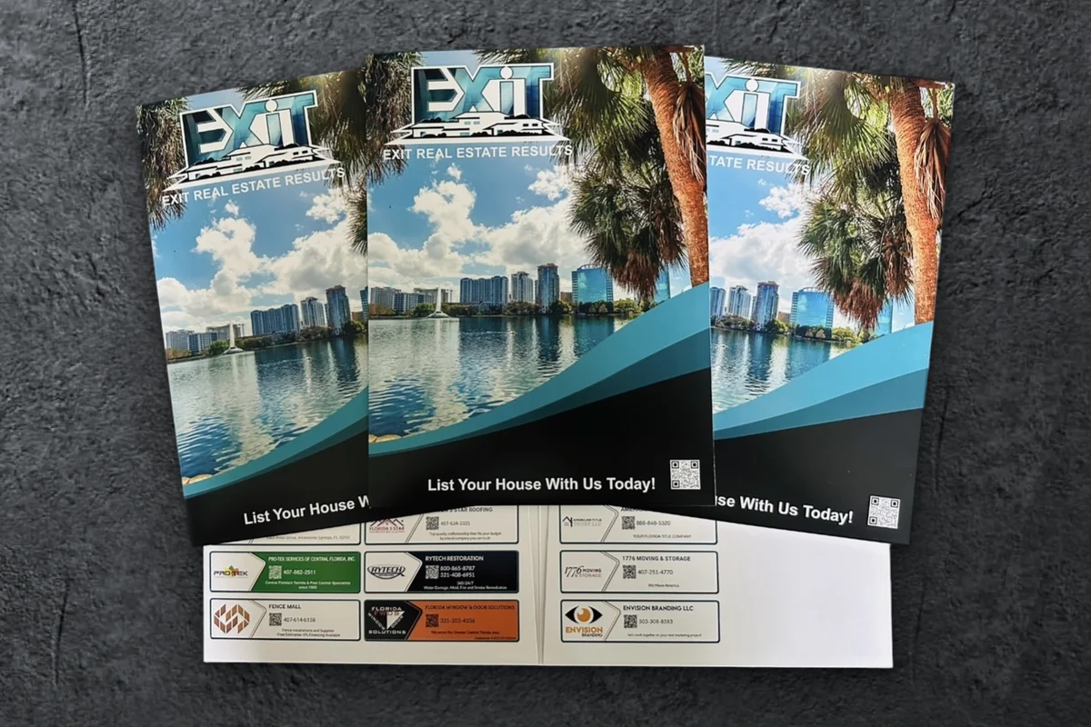 Custom EXIT Real Estate Results presentation folders, open to show local vendor ads printed on the pocket